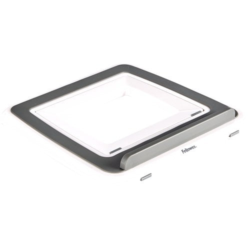 I-Spire Quick Lift folded flat, a thin white and grey frame with the Fellowes name on the front edge