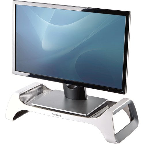 Fellowes I-Spire Series Monitor Lift in white with a flat screen monitor standing on its grey mesh platform
