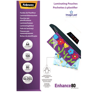 Purple Fellowes ImageLast pouch box, A4, 100 sheets, 80 micron, gloss, marked Enhance 80