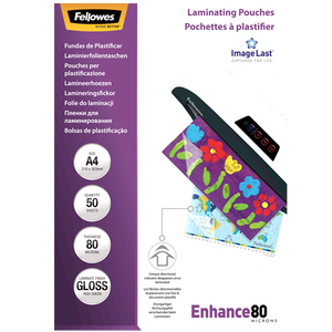 Purple Fellowes ImageLast pack, A4, 50 sheets, 80 micron, gloss, marked Enhance 80, front view