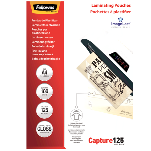 Front of the Fellowes ImageLast A4 laminating pouch retail pack, a white box with a red side panel listing A4 216 x 303 mm, 100 sheets, 125 microns and a gloss high sheen finish, with a laminated sketch pictured on the right.