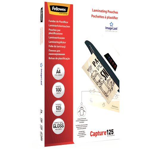 Three quarter view of the Fellowes ImageLast A4 laminating pouch pack angled to the left, showing the depth of the box and the side panel repeating the A4 size, 100 sheet quantity and 125 micron thickness.