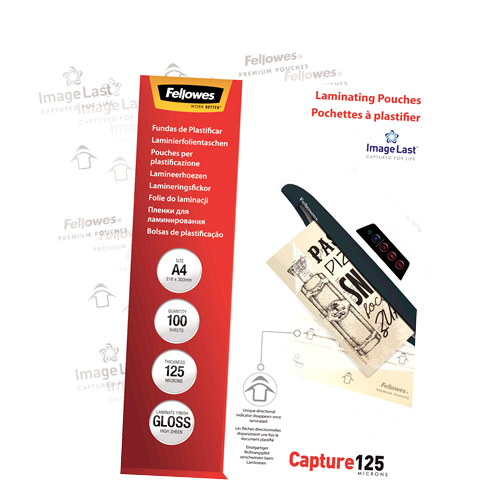 Fellowes ImageLast A4 laminating pouch pack tilted forward with a single clear pouch resting behind it, the pouch showing its faint grey Fellowes and ImageLast arrow watermarks against a white background.