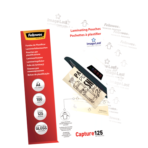 Fellowes ImageLast A4 laminating pouch box standing upright at the left with a single watermarked clear pouch fanned out behind it on the right, showing the gloss finish and full A4 pouch size.