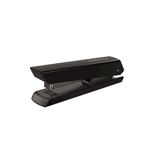 Black Fellowes LX820 full strip stapler from the left front, closed, with Fellowes printed on the top of the arm