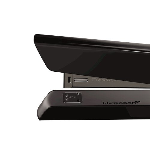 Close-up of the black LX820 front end with the anvil plate and the Microban logo printed on the base