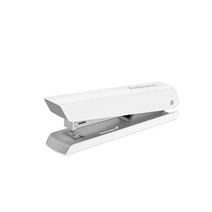 White Fellowes LX820 stapler from the left front with a grey base, arm closed and Fellowes moulded on the top