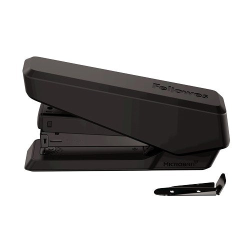 Black LX850 stapler side on with the clip-out staple remover pulled from the back of the base and lying beside it