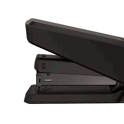 Close-up of the black LX850 front end with the anvil, paper guide markings and the Microban logo