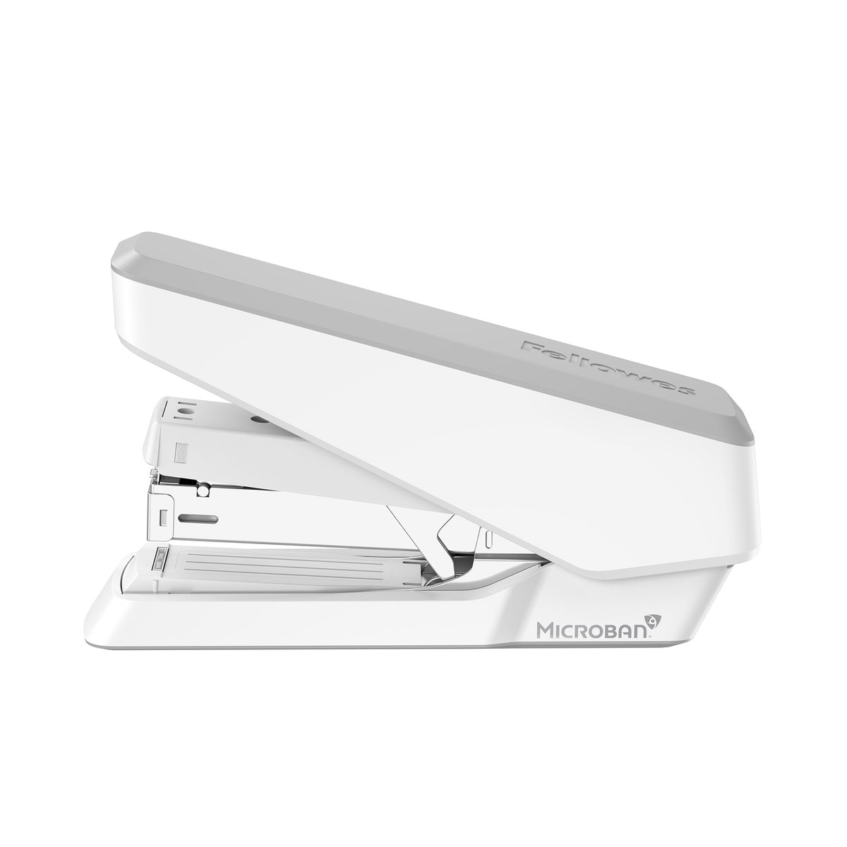 White Fellowes LX870 EasyPress stapler side on with a grey top, arm closed and Microban printed on the base
