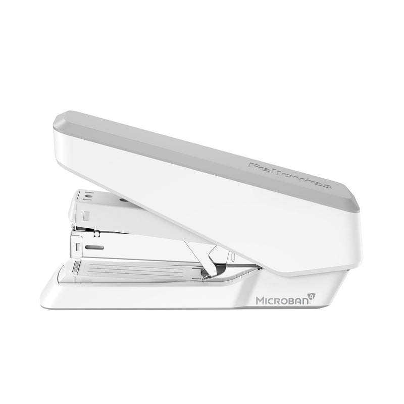 White Fellowes LX870 EasyPress stapler side on with a grey top, arm closed and Microban printed on the base