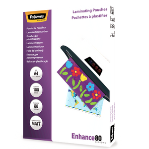 Purple Fellowes Enhance 80 box of 100 A4 matt laminating pouches angled from the left, with a flower picture being laminated