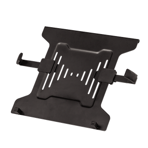 Fellowes Laptop Arm Accessory, a black ventilated tray with slotted vents and adjustable side clamps, angled view