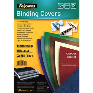 Fellowes Binding Covers pack printed Leatherboard, Royal Blue, A4, 100, Heavy, with CRC 53713 and a barcode, fanned coloured covers on the right