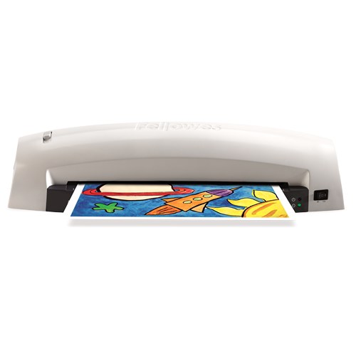 Front view of the Lunar+ A3 laminator with a laminated cartoon drawing coming out under the dark front panel