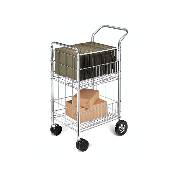 Fellowes Mail Cart Mini, a chrome wire trolley with suspension files in the upper basket, brown parcels in the lower basket, a push handle and four wheels
