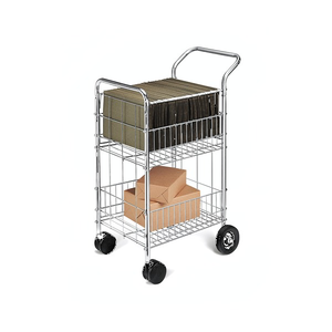 Fellowes Mail Cart Mini, a chrome wire trolley with suspension files in the upper basket, brown parcels in the lower basket, a push handle and four wheels