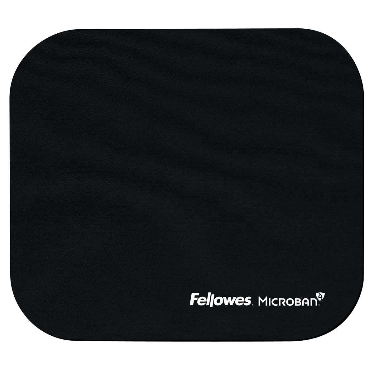 Fellowes 5933901 black mouse pad with Microban, rounded corners and the white Fellowes Microban print near the bottom edge