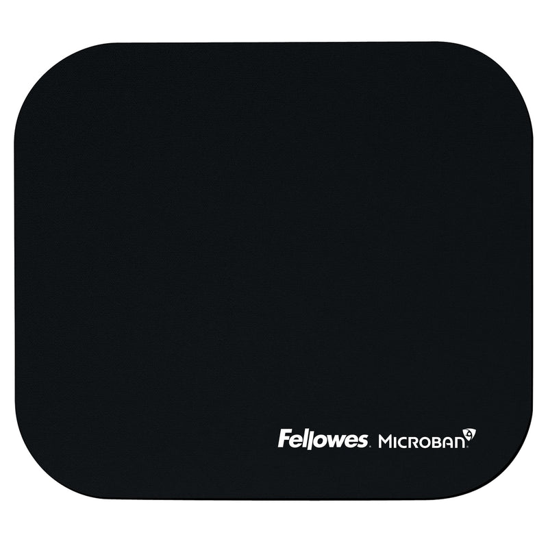 Fellowes 5933901 black mouse pad with Microban, rounded corners and the white Fellowes Microban print near the bottom edge