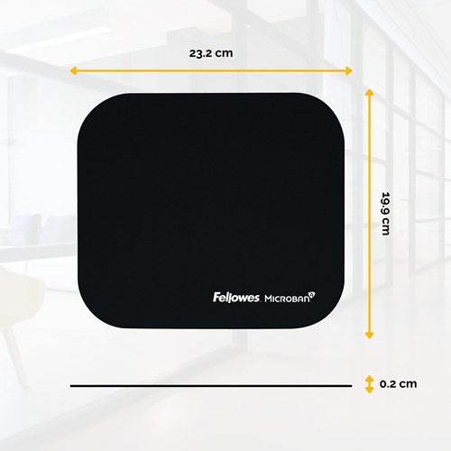 Black Fellowes Microban mouse pad with arrows showing 23.2 cm wide, 19.9 cm deep and 0.2 cm thick