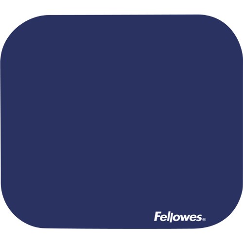 Fellowes 58021 blue mouse pad viewed from above with rounded corners and a white Fellowes logo