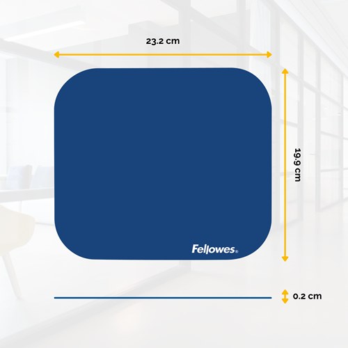 Blue Fellowes mouse pad with measurement arrows showing 23.2 cm by 19.9 cm and 0.2 cm thickness