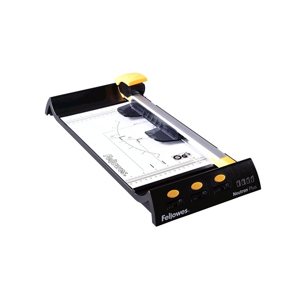 Fellowes Neutron Plus A4 rotary trimmer with a white printed bed, yellow carriage and three yellow cartridge storage buttons