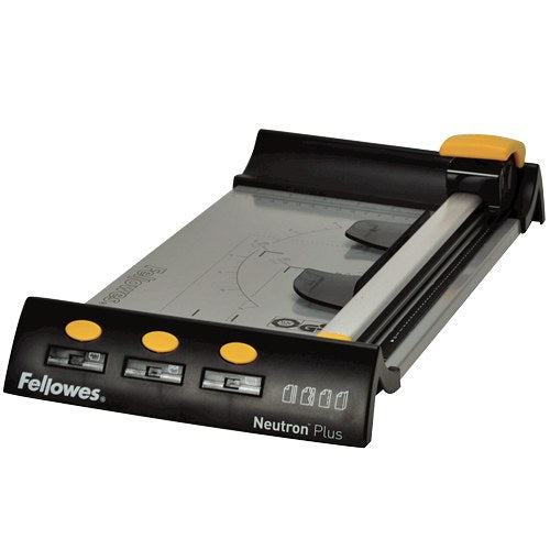 Front view of the Fellowes Neutron Plus trimmer showing the three blade storage slots and the Neutron Plus name on the base
