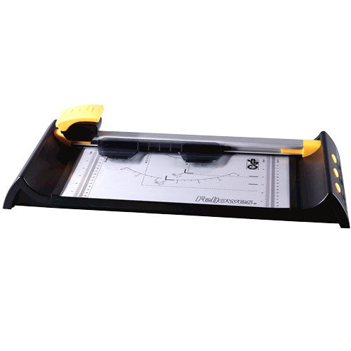 Fellowes Neutron Plus A4 trimmer from the side with the rail and carriage across the white cutting bed