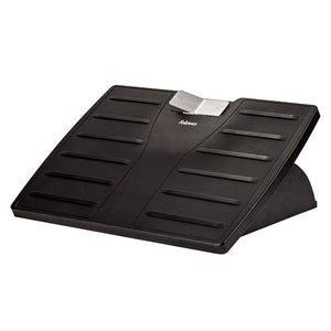 Fellowes Office Suites adjustable footrest in black, tilted forward, with the silver foot control tab and Fellowes logo on the platform