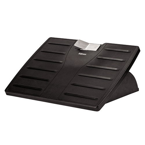 Fellowes Office Suites adjustable footrest in black, tilted forward, with the silver foot control tab and Fellowes logo on the platform