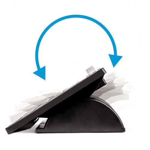 Side view of the footrest on its curved base with a blue double arrow showing the platform rocking backwards and forwards