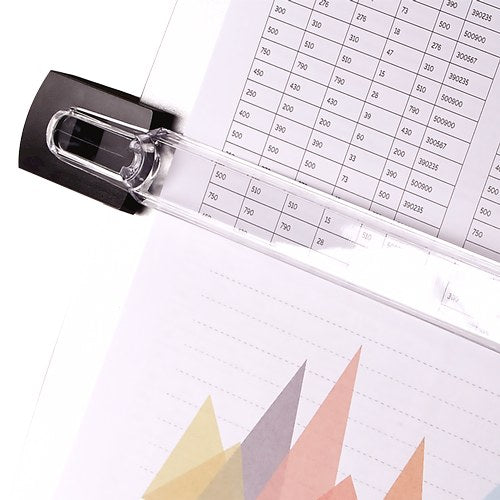 Close-up of the clear Office Suites line guide and black end clip resting across a printed table