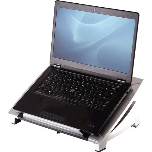 Fellowes Office Suites laptop riser in black and silver holding an open black laptop at an upward angle