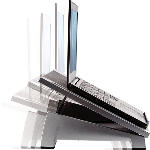 Office Suites laptop riser drawn at several heights at once with a laptop on top, showing the adjustment range