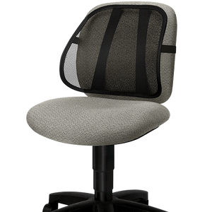 Fellowes Office Suites Mesh Back Support in black fitted over the backrest of a grey fabric task chair, seen from a front angle