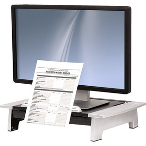 Office Suites monitor riser plus in silver and black with a monitor on top and a document held in the front copyholder