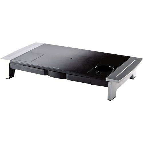 Empty Office Suites premium monitor riser with its long black platform, cup holder recess and silver end frames
