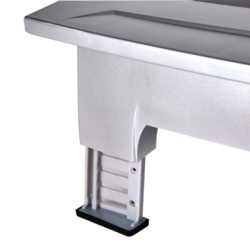 Close-up of a silver adjustable foot on the Office Suites premium monitor riser