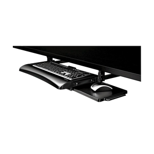 Fellowes Office Suites black keyboard drawer mounted under a desk edge, keyboard on the slide-out tray and a mouse on the side tray