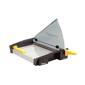 Fellowes Plasma A4 guillotine with the tall smoked SafeCut guard raised, silver bed and flat yellow handle
