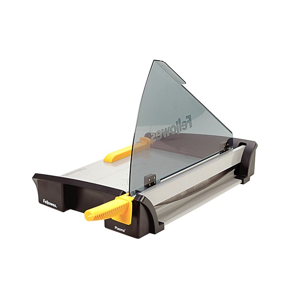 Fellowes Plasma A4 guillotine from the front left with the guard raised and the yellow back margin guide on the bed