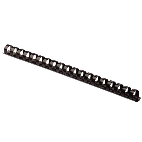 Fellowes black 10mm plastic binding comb shown at an angle, with its curled rings and flat 21 loop spine
