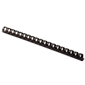 Fellowes black 10mm plastic binding comb shown at an angle, with its curled rings and flat 21 loop spine