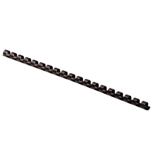 Fellowes black 6mm plastic binding comb lying diagonally, showing the small curled rings along a narrow spine