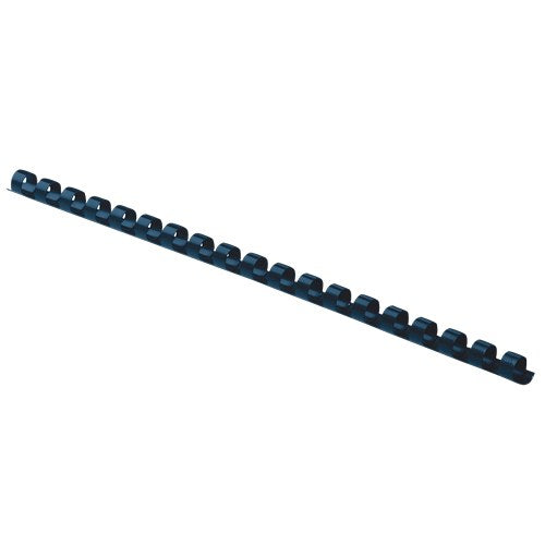 Fellowes blue 6mm plastic binding comb on a grey background, set at an angle to show the small rings