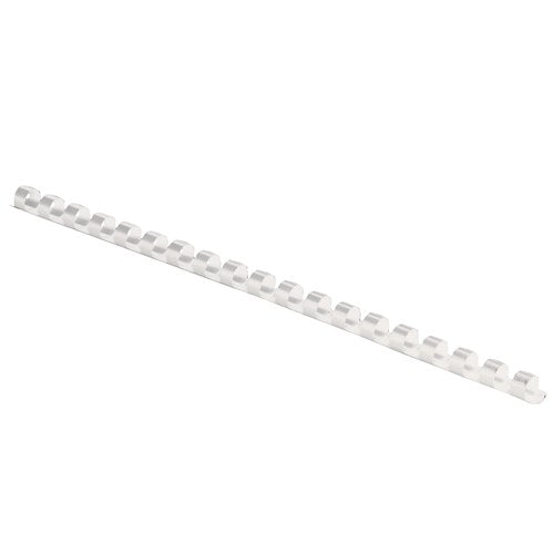 Fellowes white 6mm plastic binding comb shown diagonally on a white background with its small rings open