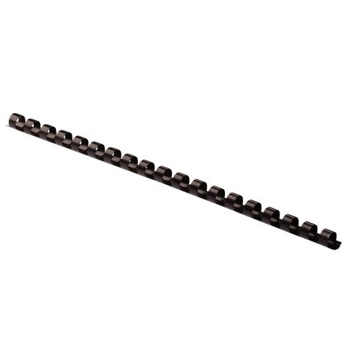 Fellowes black 8mm plastic binding comb laid at an angle, showing the open rings and the 21 loop backbone