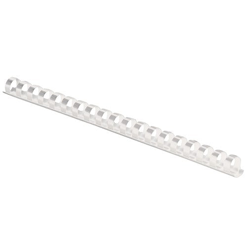 Fellowes 12mm white plastic binding comb with 21 round loops, photographed at an angle on a plain white background