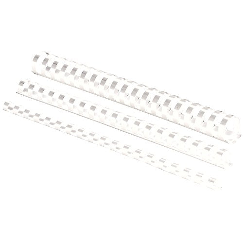 Three white Fellowes plastic binding combs of different diameters lying side by side, showing how the loops grow with comb size